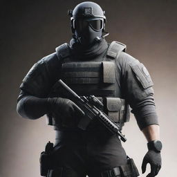 A character from the game 'Tom Clancy's Rainbow Six Siege' fully equipped with tactical gear, standing ready for action with a grim expression.