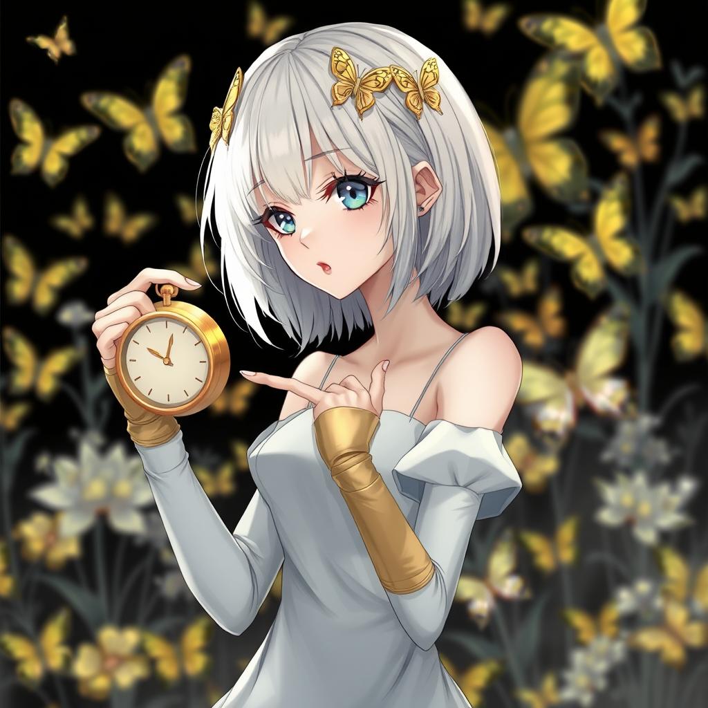 A fair-skinned slender tall anime woman with shoulder-length silver blonde hair, adorned with gold butterfly clips and front bangs, and gold butterfly earrings