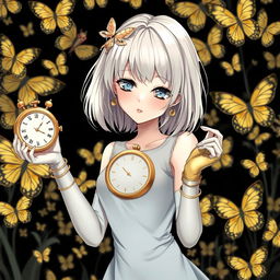 A fair-skinned slender tall anime woman with shoulder-length silver blonde hair, adorned with gold butterfly clips and front bangs, and gold butterfly earrings