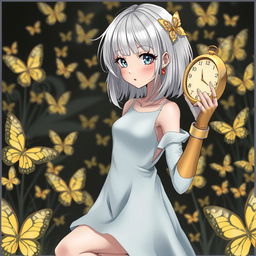 A fair-skinned slender tall anime woman with shoulder-length silver blonde hair, adorned with gold butterfly clips and front bangs, and gold butterfly earrings