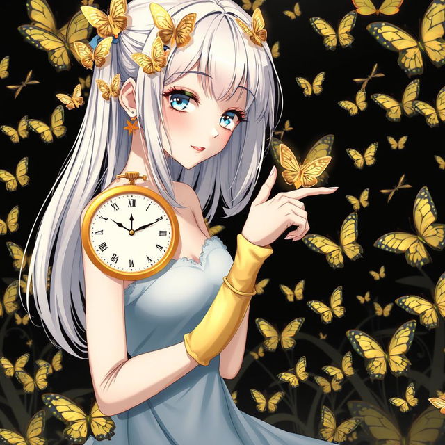 A fair-skinned slender tall anime woman with shoulder-length silver blonde hair, adorned with gold butterfly clips and front bangs, and gold butterfly earrings