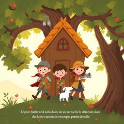 Portada de un cuento infantil donde dos niños y una niña, debajo de su casita club sobre el árbol, deciden convertirse en detectives para buscar la recompensa por un perrito perdido