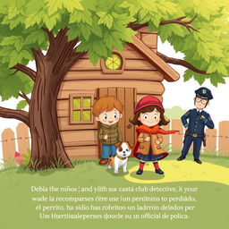 Portada de un cuento infantil donde dos niños y una niña, debajo de su casita club sobre el árbol, deciden convertirse en detectives para buscar la recompensa por un perrito perdido