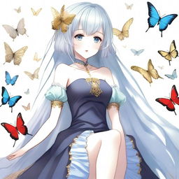 A fair-skinned slender tall anime woman with arm-length silver hair, adorned with gold butterfly clips and front bangs, and gold butterfly earrings