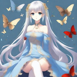 A fair-skinned slender tall anime woman with arm-length silver hair, adorned with gold butterfly clips and front bangs, and gold butterfly earrings