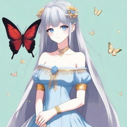 A fair-skinned slender tall anime woman with arm-length silver hair, adorned with gold butterfly clips and front bangs, and gold butterfly earrings