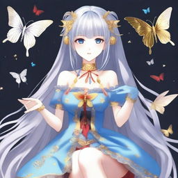 A fair-skinned slender tall anime woman with arm-length silver hair, adorned with gold butterfly clips and front bangs, and gold butterfly earrings