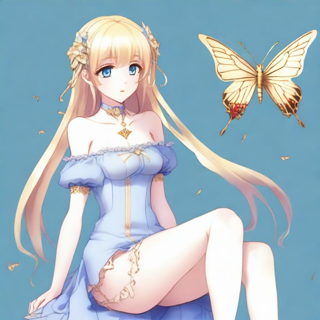 A fair-skinned slender tall anime woman with shoulder-length blonde silver hair with gold butterfly clips and front bangs, wearing gold butterfly earrings