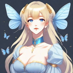 A fair-skinned slender tall anime woman with shoulder-length blonde silver hair with gold butterfly clips and front bangs, wearing gold butterfly earrings