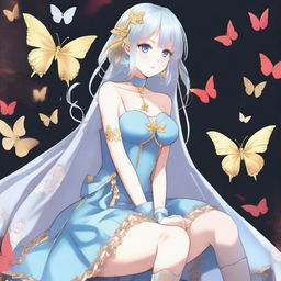 A fair-skinned slender tall anime woman with shoulder-length blonde silver hair with gold butterfly clips and front bangs, wearing gold butterfly earrings