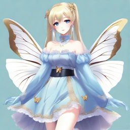 A fair-skinned slender tall anime woman with shoulder-length blonde silver hair with gold butterfly clips and front bangs, wearing gold butterfly earrings