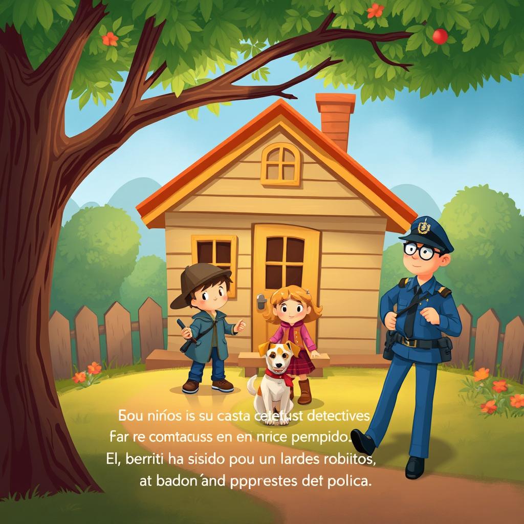 Portada de un cuento infantil en la que dos niños y una niña, debajo de su casita club sobre el árbol, planean convertirse en detectives para encontrar la recompensa por un perrito perdido