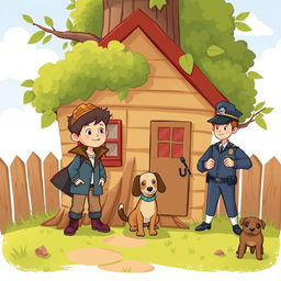 Portada de un cuento infantil en la que dos niños y una niña, debajo de su casita club sobre el árbol, planean convertirse en detectives para encontrar la recompensa por un perrito perdido