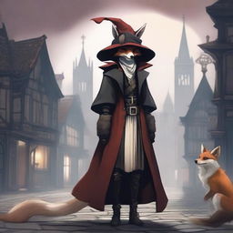 In the background, a grim foggy destroyed medieval town with a dead creature on the floor
