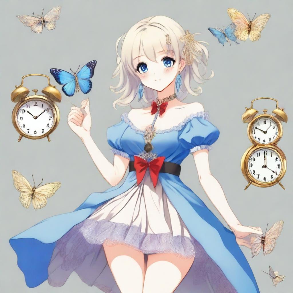 A slender tall anime woman with bobbed blonde silver hair with gold butterfly clips and front bangs, wearing gold butterfly earrings