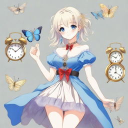 A slender tall anime woman with bobbed blonde silver hair with gold butterfly clips and front bangs, wearing gold butterfly earrings