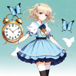 A slender tall anime woman with bobbed blonde silver hair with gold butterfly clips and front bangs, wearing gold butterfly earrings