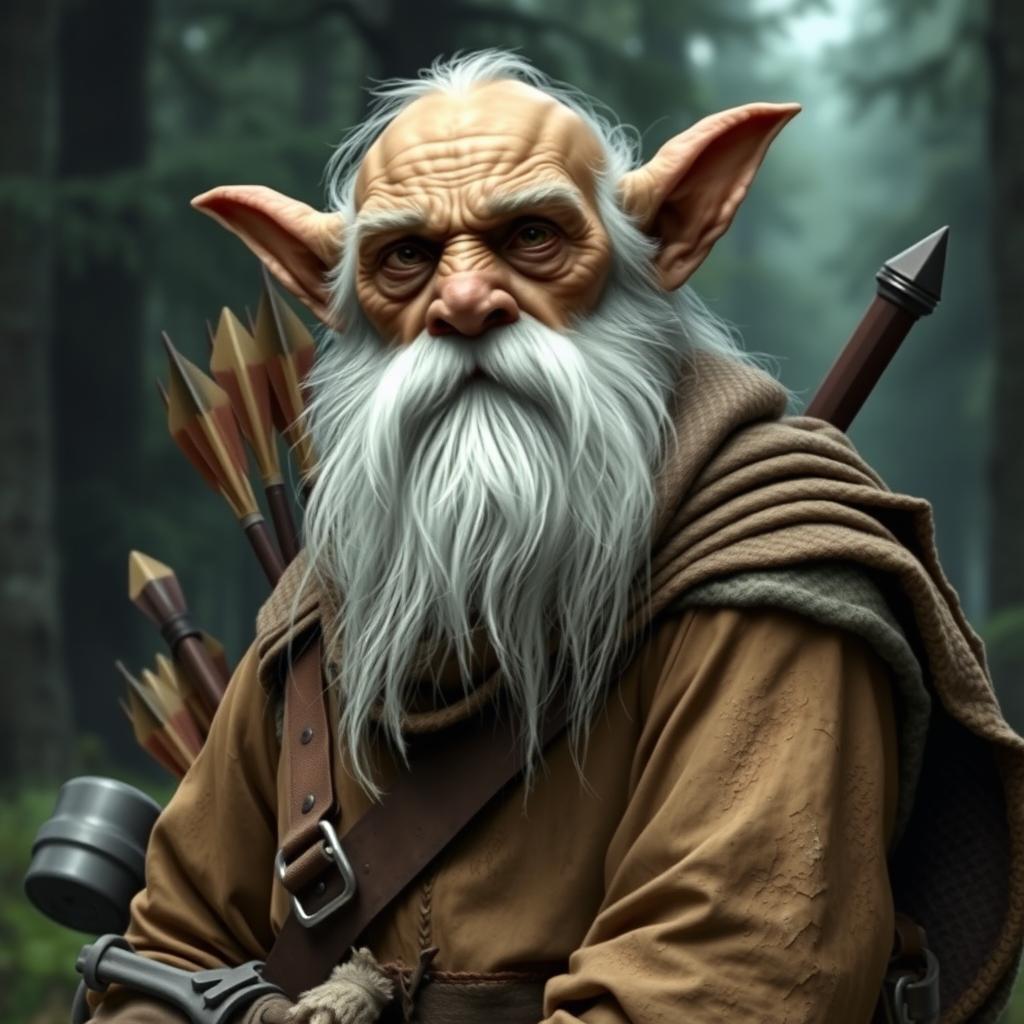 An elderly goblin ranger with a weathered face, long white beard, and piercing eyes