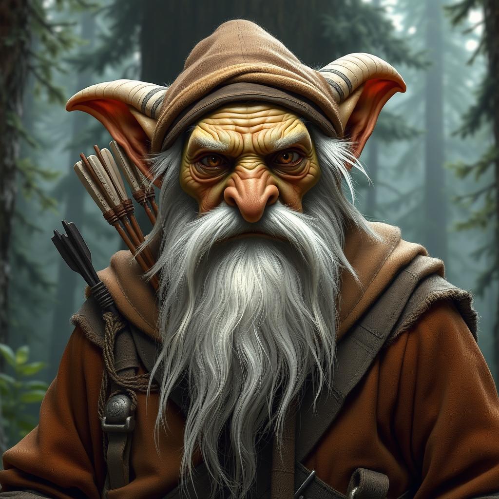 An elderly goblin ranger with a weathered face, long white beard, and piercing eyes