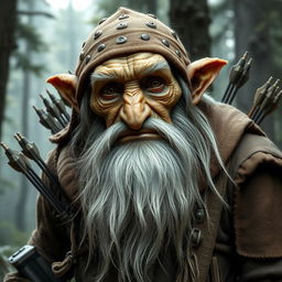 An elderly goblin ranger with a weathered face, long white beard, and piercing eyes