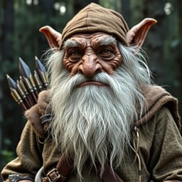 An elderly goblin ranger with a weathered face, long white beard, and piercing eyes