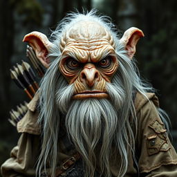 An elderly, grotesque goblin ranger with a weathered, warty face, long white beard, and piercing, bulging eyes