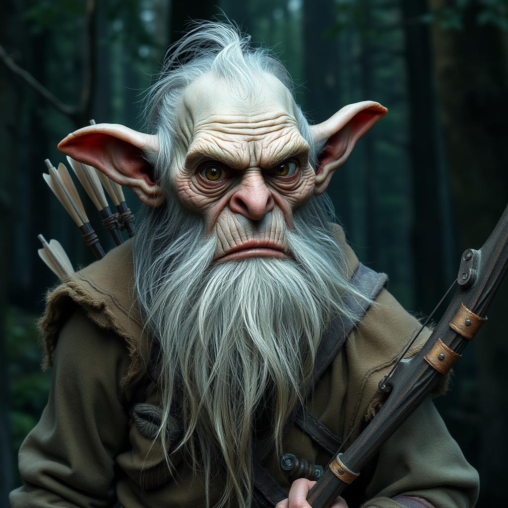 An elderly, grotesque goblin ranger with a weathered, warty face, long white beard, and piercing, bulging eyes