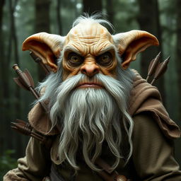 An elderly, grotesque goblin ranger with a weathered, warty face, long white beard, and piercing, bulging eyes