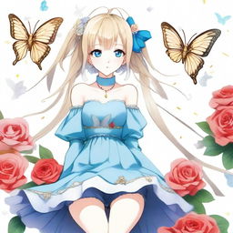 A slender tall anime woman with bobbed blonde silver hair with gold butterfly clips and front bangs, wearing gold butterfly earrings