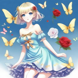 A slender tall anime woman with bobbed blonde silver hair with gold butterfly clips and front bangs, wearing gold butterfly earrings