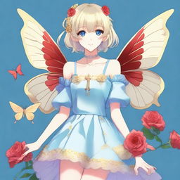 A slender tall anime woman with bobbed blonde silver hair with gold butterfly clips and front bangs, wearing gold butterfly earrings