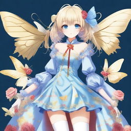 A slender tall anime woman with bobbed blonde silver hair with gold butterfly clips and front bangs, wearing gold butterfly earrings