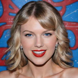 A portrait artwork of Taylor Swift with her vibrant smile, sparkling blue eyes, long wavy blonde hair and signature red lipstick, set against a backdrop of music notes.