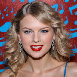 A portrait artwork of Taylor Swift with her vibrant smile, sparkling blue eyes, long wavy blonde hair and signature red lipstick, set against a backdrop of music notes.