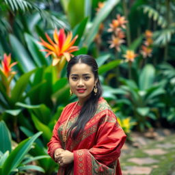 A beautiful Indonesian woman wearing traditional attire, standing gracefully in a lush tropical garden