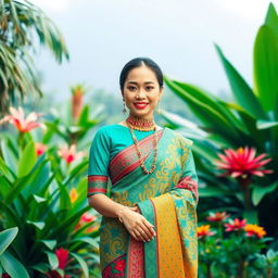 A beautiful Indonesian woman wearing traditional attire, standing gracefully in a lush tropical garden