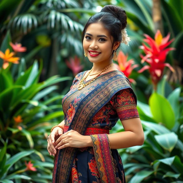 A beautiful Indonesian woman wearing traditional attire, standing gracefully in a lush tropical garden