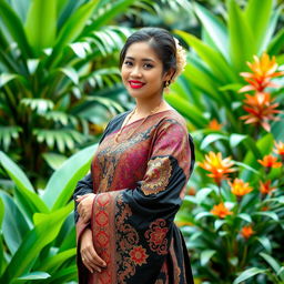 A beautiful Indonesian woman wearing traditional attire, standing gracefully in a lush tropical garden