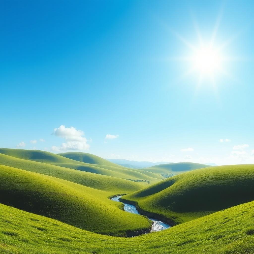 A serene landscape with rolling green hills, a clear blue sky, and a bright sun shining down