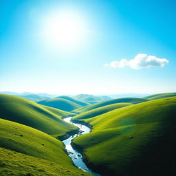 A serene landscape with rolling green hills, a clear blue sky, and a bright sun shining down