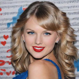 A portrait artwork of Taylor Swift with her vibrant smile, sparkling blue eyes, long wavy blonde hair and signature red lipstick, set against a backdrop of music notes.