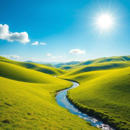 A serene landscape with rolling green hills, a clear blue sky, and a bright sun shining down