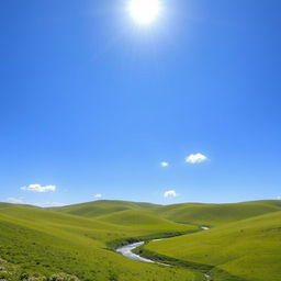 A serene landscape with rolling green hills, a clear blue sky, and a bright sun shining down