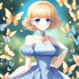 A slender tall anime woman with short blonde hair adorned with golden butterfly clips, bright blue eyes with long lashes, and long arms with golden gloves