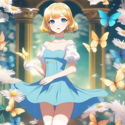 A slender tall anime woman with short blonde hair adorned with golden butterfly clips, bright blue eyes with long lashes, and long arms with golden gloves