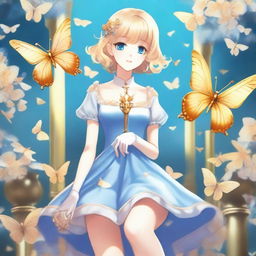 A slender tall anime woman with short blonde hair adorned with golden butterfly clips, bright blue eyes with long lashes, and long arms with golden gloves