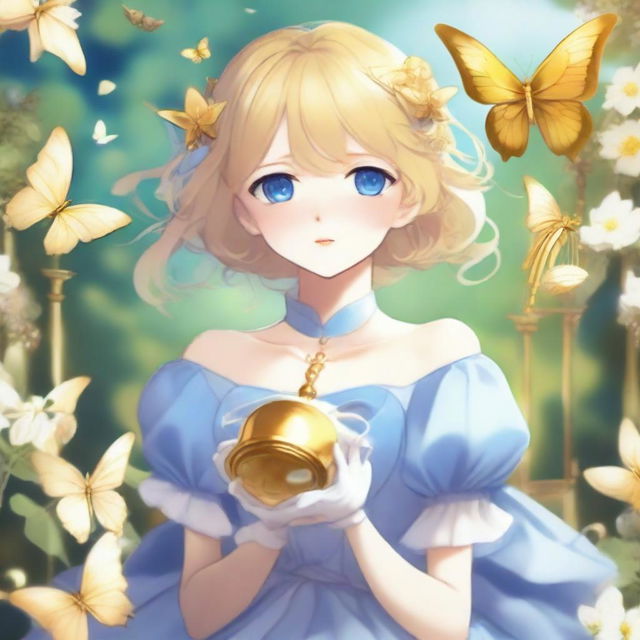 A slender tall anime woman with short blonde hair adorned with golden butterfly clips, bright blue eyes with long lashes, and long arms with golden gloves