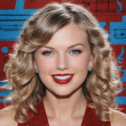 A portrait artwork of Taylor Swift with her vibrant smile, sparkling blue eyes, long wavy blonde hair and signature red lipstick, set against a backdrop of music notes.