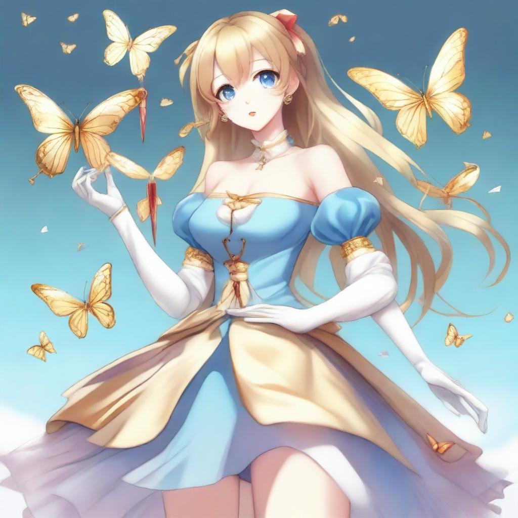 A slender tall anime woman with shoulder-length blonde hair adorned with golden butterfly clips, bright blue eyes with long lashes, and beautiful red lips