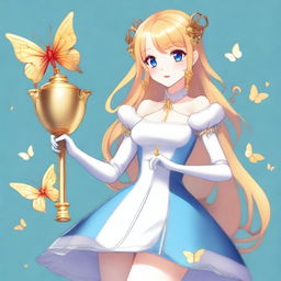 A slender tall anime woman with shoulder-length blonde hair adorned with golden butterfly clips, bright blue eyes with long lashes, and beautiful red lips